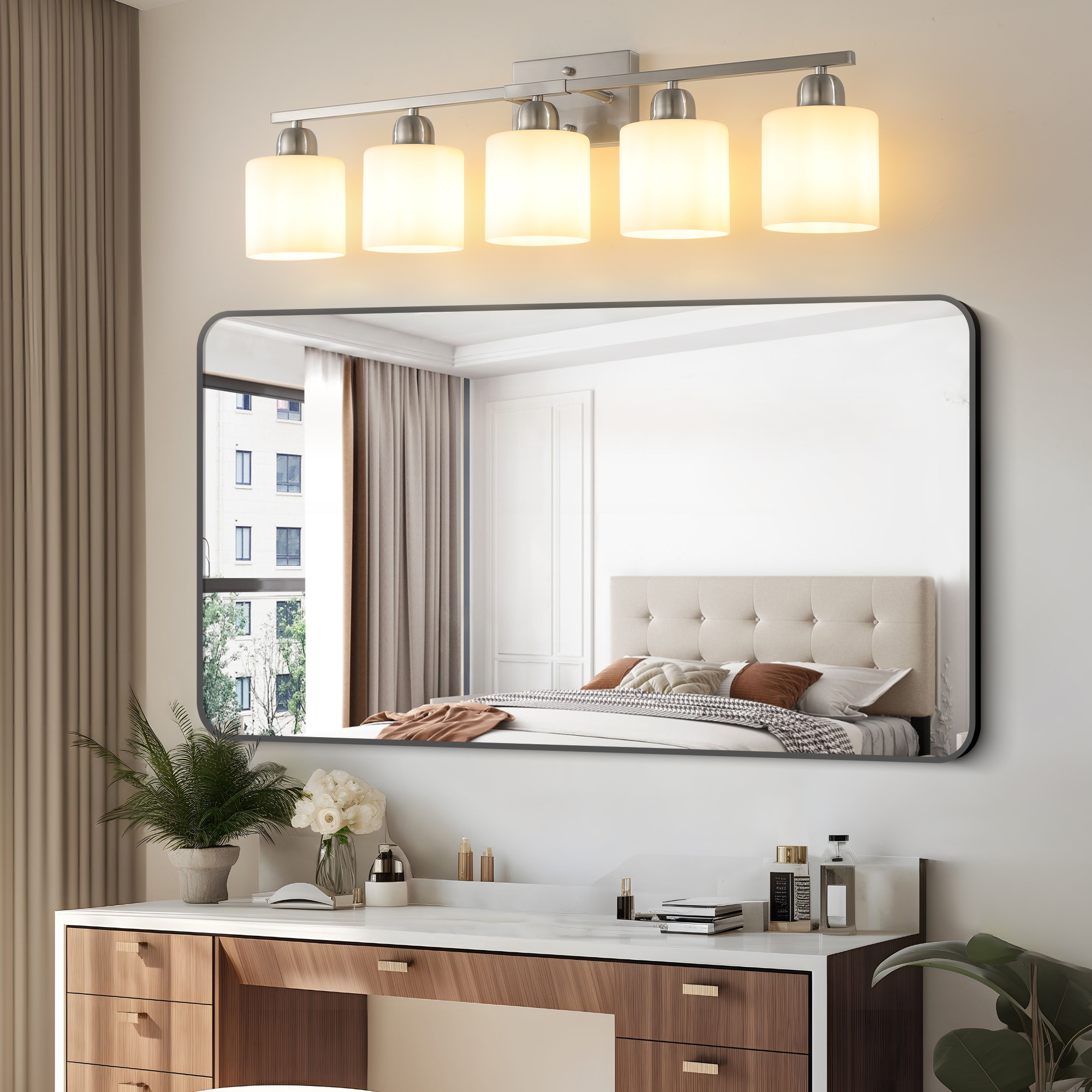 Brushed Nickel Bathroom Light Fixtures, 5-Light Modern Vanity Light Over Mirror, Wall Sconces With Milky White Frosted Glass Shades, E26 Socket  Bulbs Not Included