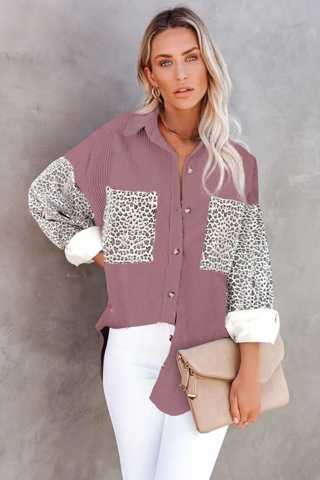 Leopard Print Women's Shirt Lapel Pit Strip Casual Jacket Pink - Shop at LoveMi