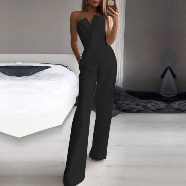 Women's Temperament Commuter Solid Color Jumpsuit Black - Shop at LoveMi