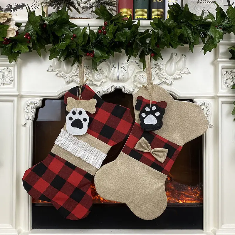 Fashion Gift Bag Gingham Bones Pet Christmas Decoration Socks