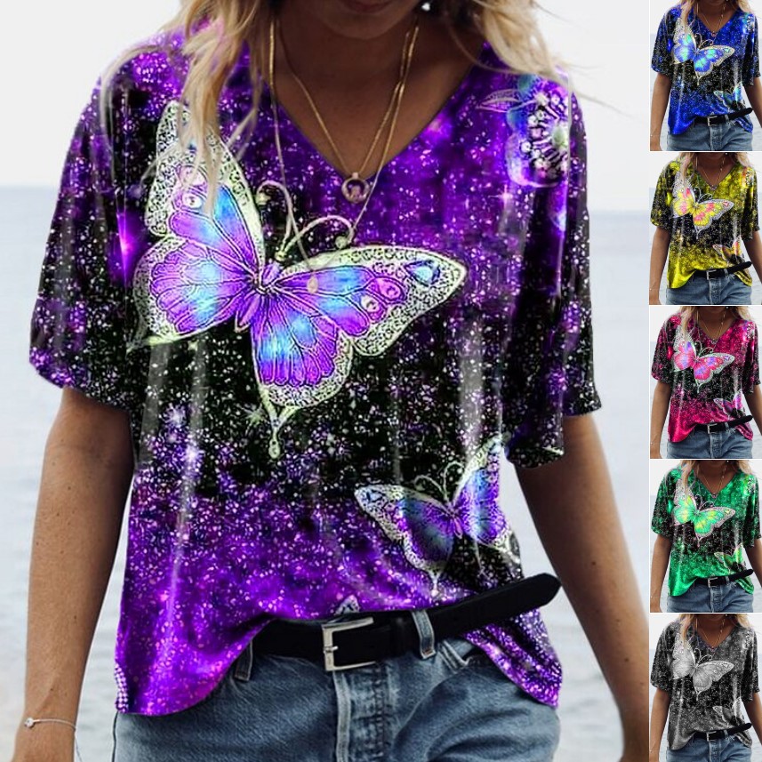 Title 7, Spring And Summer Short-sleeved Butterfly Print...