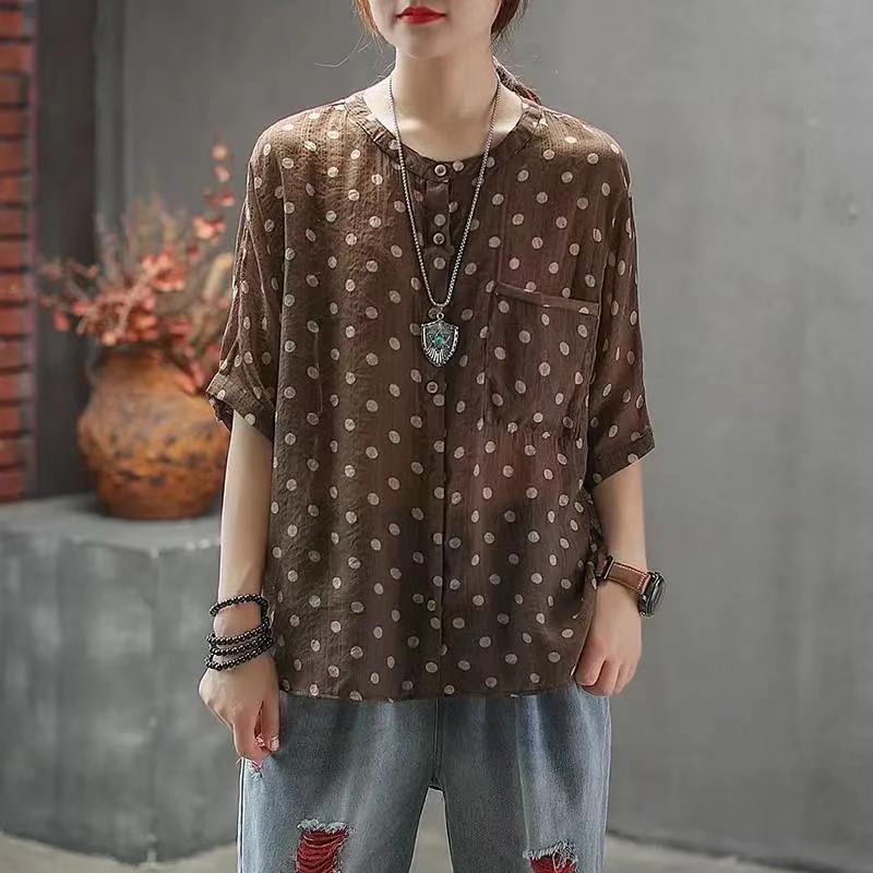 Faux Cotton Linen Top Short Sleeve Crew Neck Polka Dot Casual Shirt