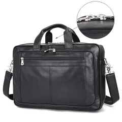 Vintage Leather Men's Crazy Horse Leather Handbag Large Business - Black - View 1
