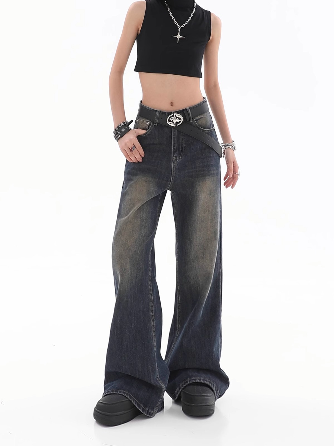 Title 13, Damen Loose Hänge Jeans Vintage Destroyed Strai...