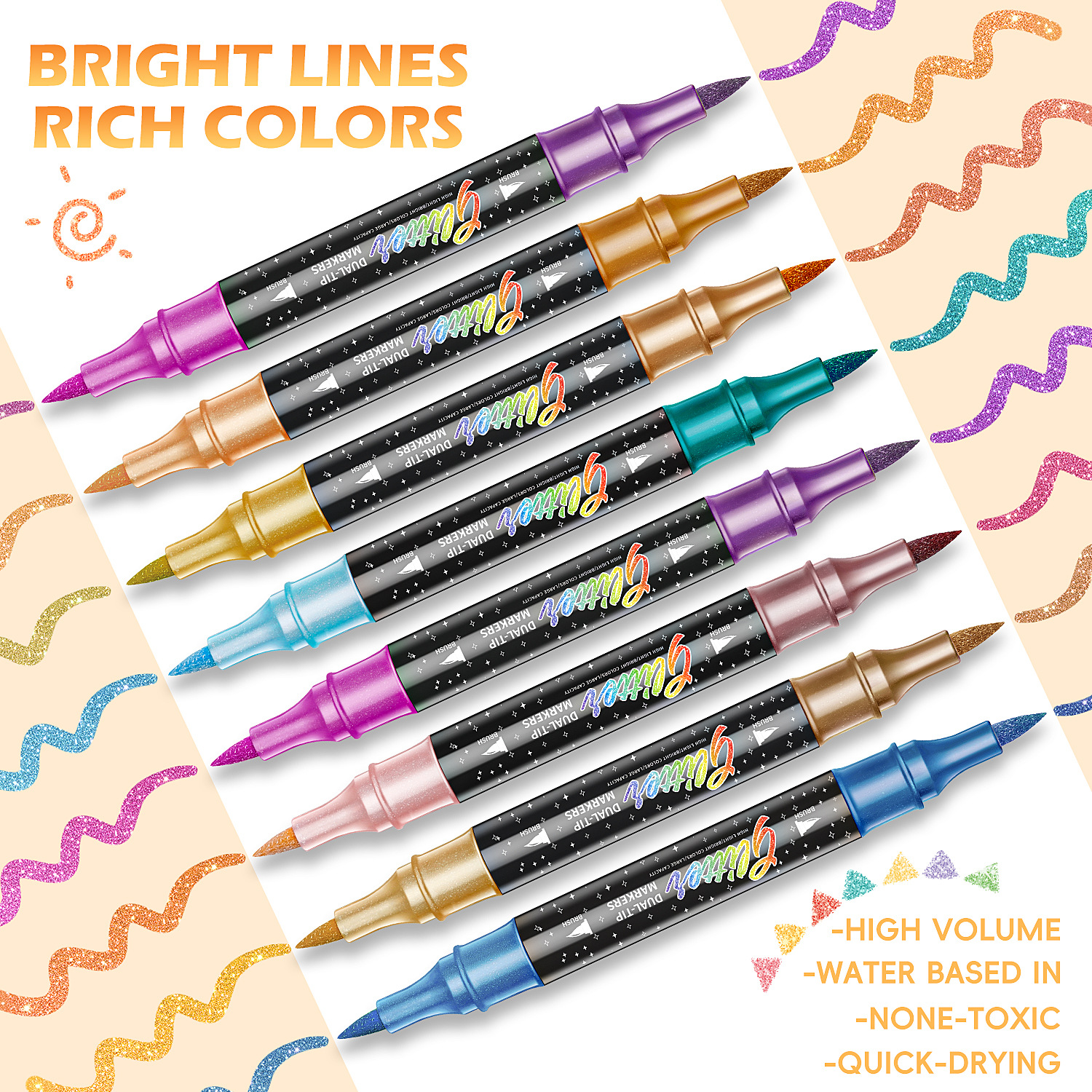 Double-headed Two-color Glitter Marker Pen Soft-headed Pearlescent Glitter Painting Pen Shiny Watercolor Pen
