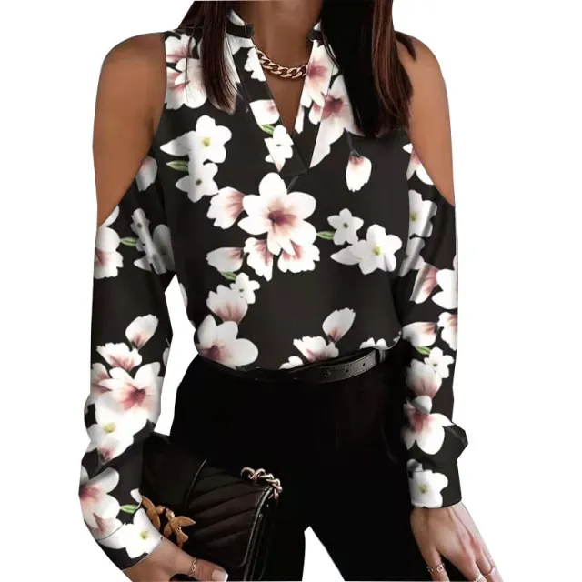 Long Sleeve Off shoulder Long Sleeve Printed Shirt Black - Shop at LoveMi