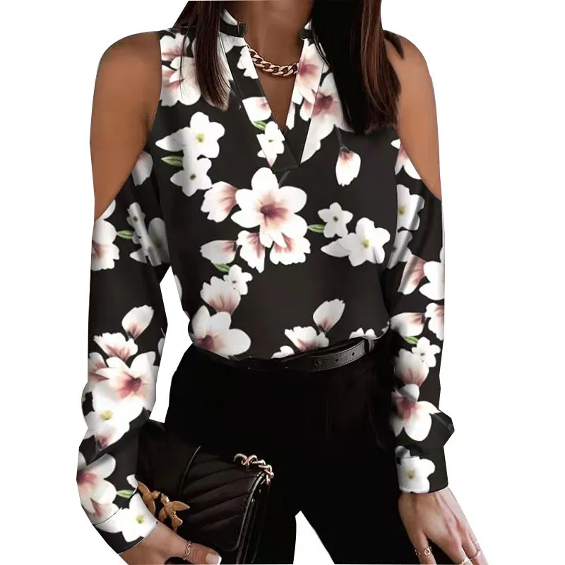 Long Sleeve Off-shoulder Long Sleeve Printed Shirt - Black