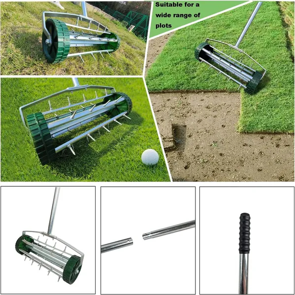 Heavy Duty Rotary Push Lawn Aerator With 3-Piece Long Steel Handle Spike Tine Design For Soil Aeration And Grass Maintenance Durable Rolling Garden And Yard Tool For Healthy Lawns