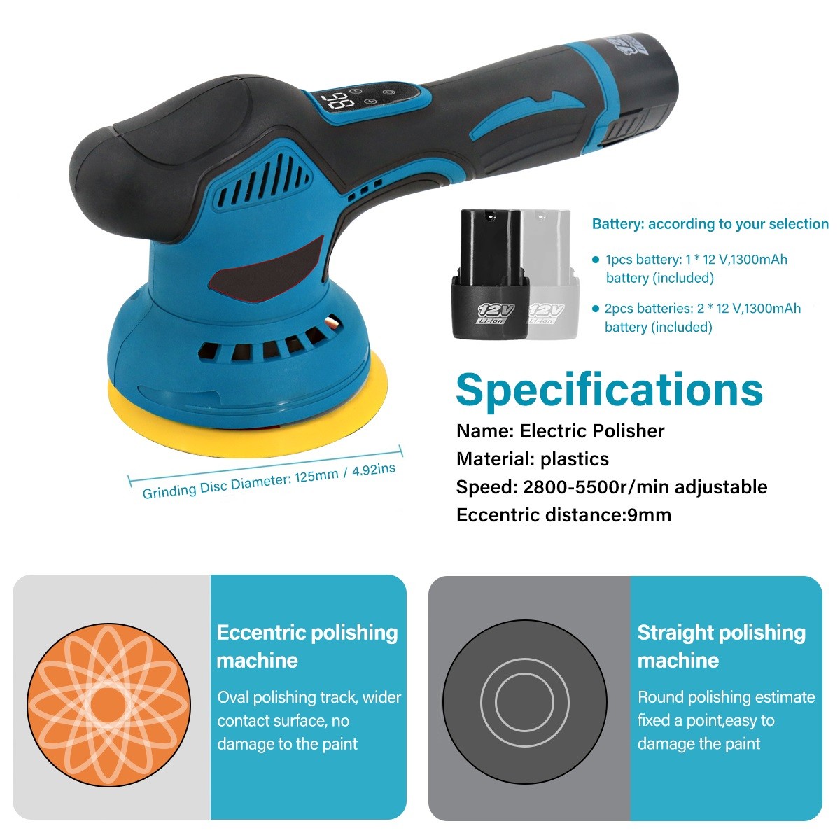 Cordless Car Polisher Buffer Sander Machine Polishing Pads Kit  2x Batteries 8