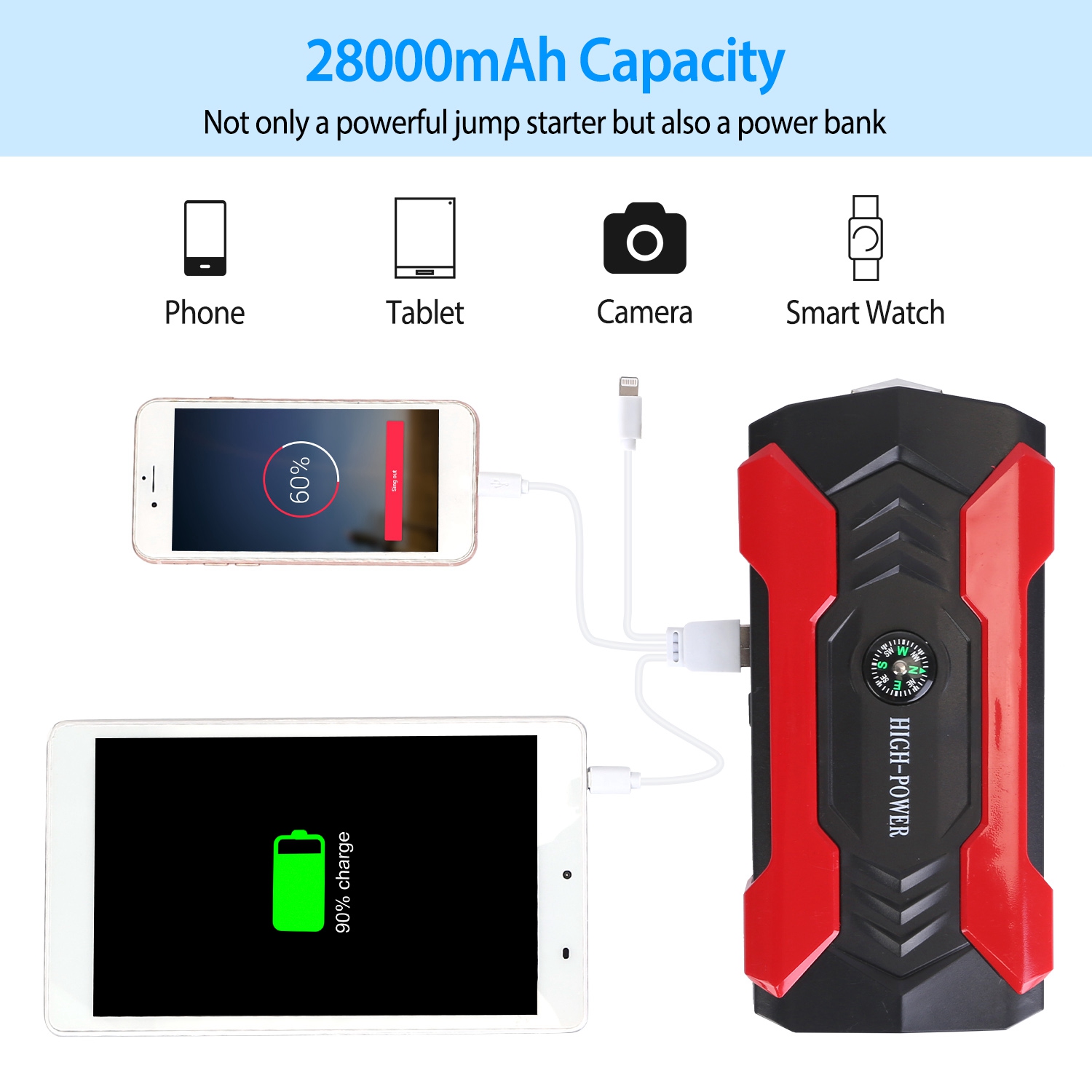 Car Jump Starter Booster 800A Peak 28000mAh 12V Battery Charger Up To 6.0L Gas Or 3.0L Diesel Engine With LCD Screen 4 Modes LED Flashlight — foto 9