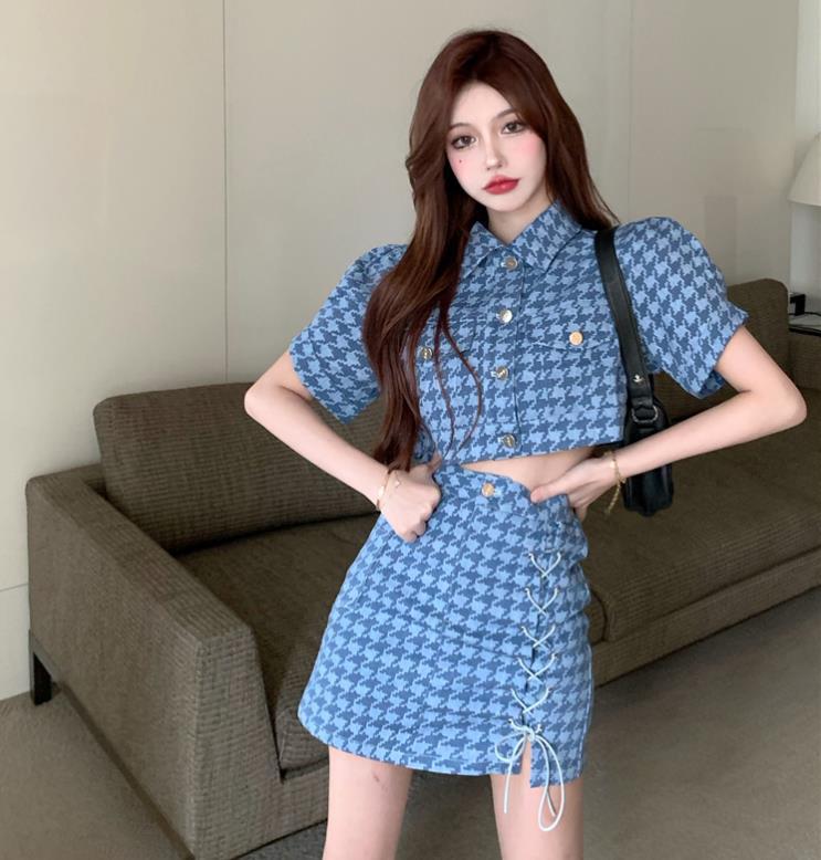 Women's Thin Lapel Slim Short Sleeved Blouse Skirt