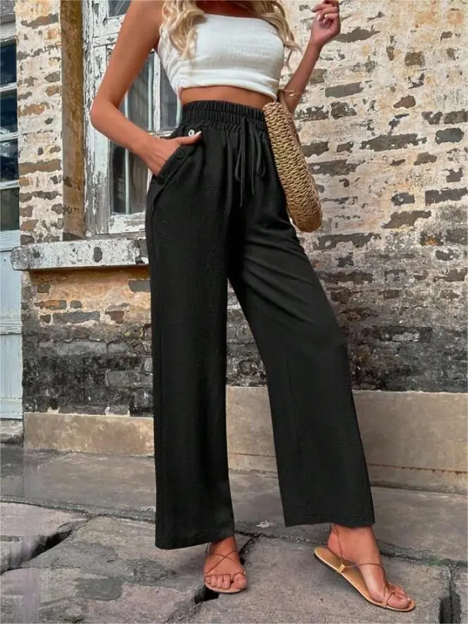 New Casual Pants With Pockets Elastic Drawstring High Waist Loose Trousers For Women - Black