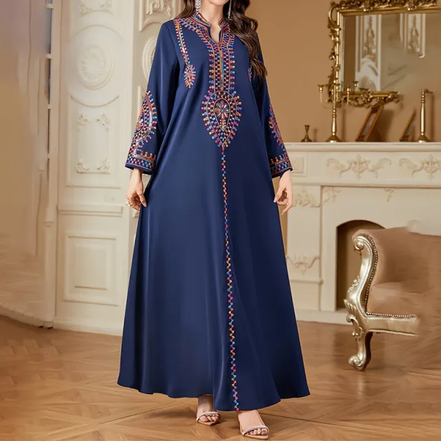 Elegant Women's Long Sleeve Floor Length Dress Stand Collar With Geometric Print & Sequins Detail Dress For Casual&Party Wear Navy Blue - Shop at LoveMi