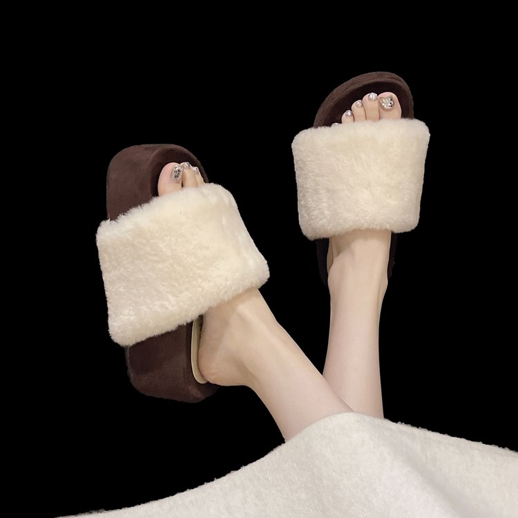 Women's Platform Furry Slippers For Outdoor Wear, New Autumn Winter Korean Stylish Single Strap High Heel Cotton Slides