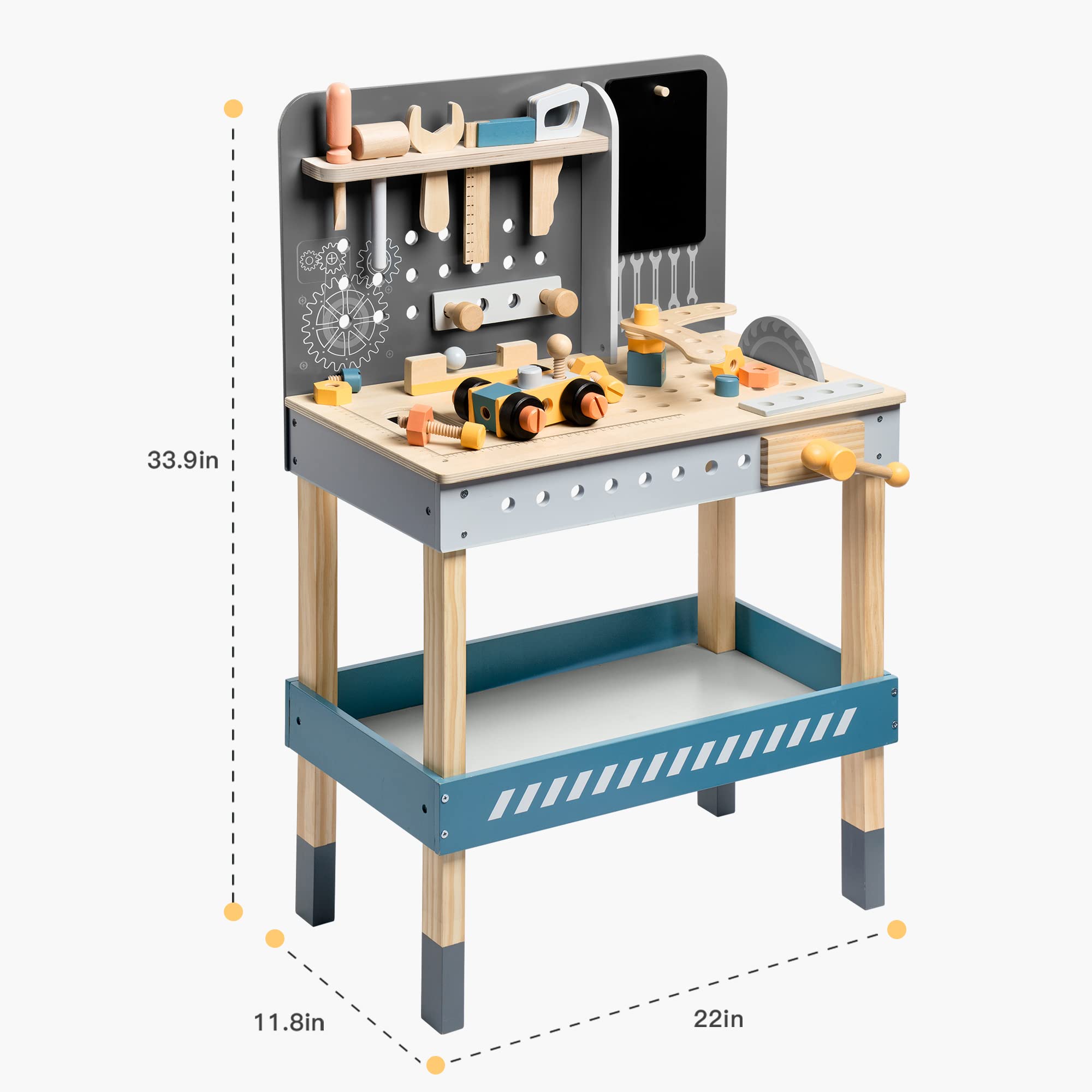 Kids Wooden Tool Bench with Tools Set Wooden Baby Workbench Workshop Brand Name ROBOTIME Material Wood Size 22 x 11.8 x 33.9 inches Weight 14.56 pounds Product Features Education and Games Safety instrument Wooden worktable set with tools Large storage sp