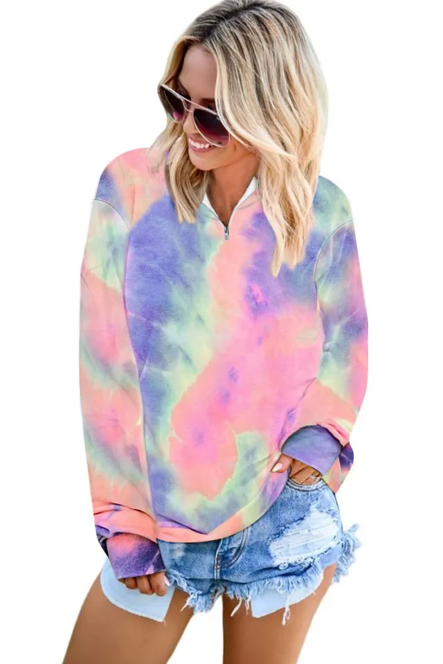Tie Dye Print Zip Collar Sweatshirt Long Sleeve Sweatshirt Pink - Shop at LoveMi
