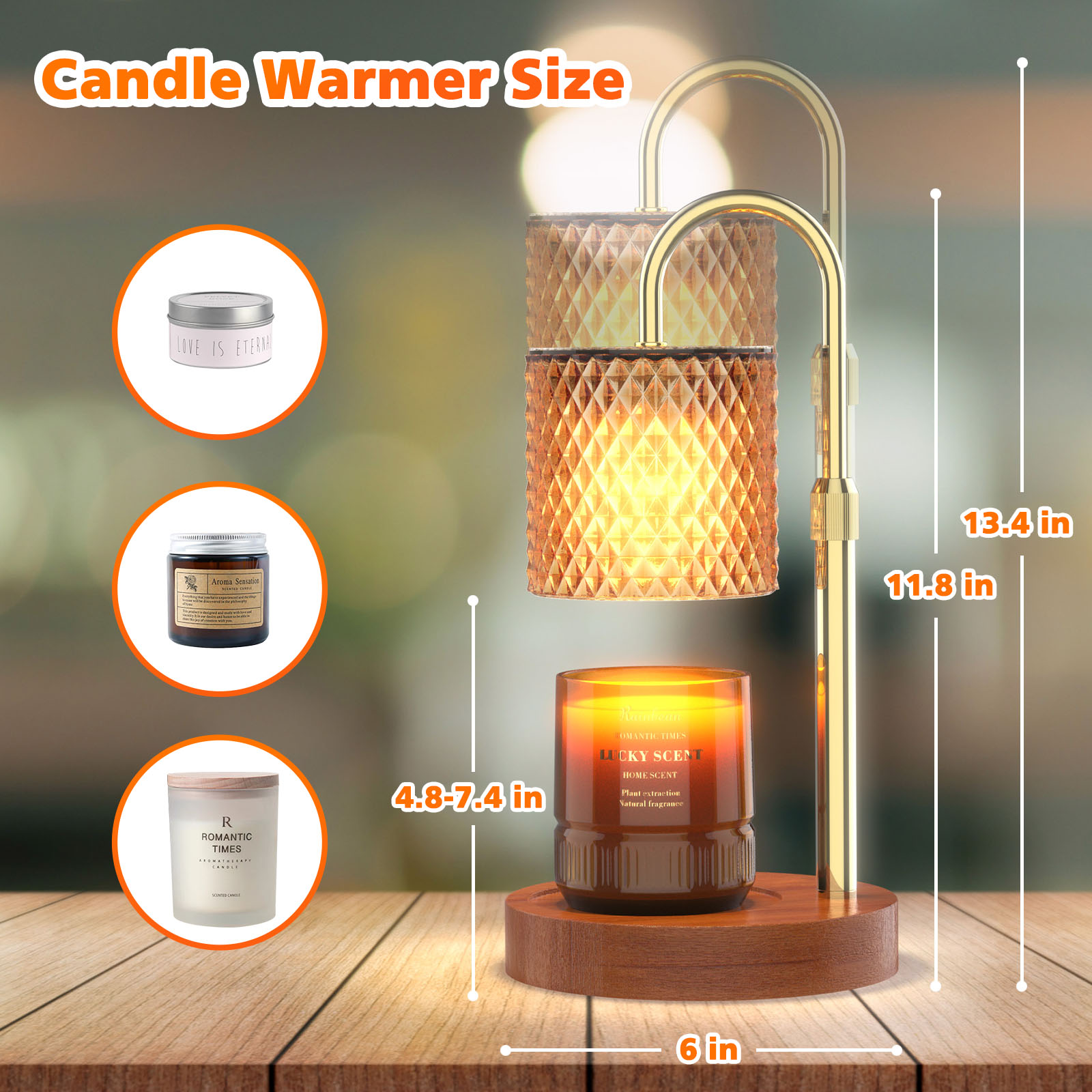 Adjustable Height Electric Candle Warmer Lamp. Timable Candle Warmer Lamp Newly upgraded candle warmer lamp with timer button, there are 3 kinds of time can be set: 2H/4H/8H. In timed mode, you can do your own thing without worrying about it, and the cand