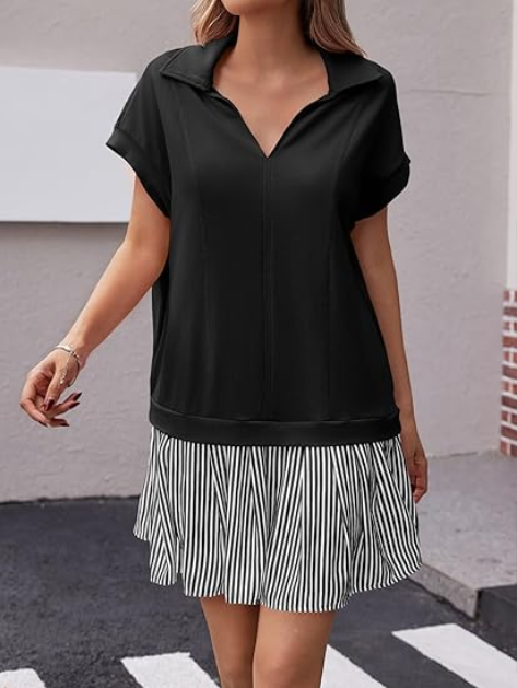 women’s patchwork striped polo v‑neck dress