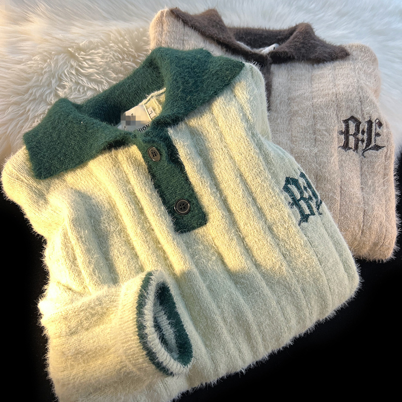 Soft Cream Retro Polo Neck Sweater Loose Small Crowd