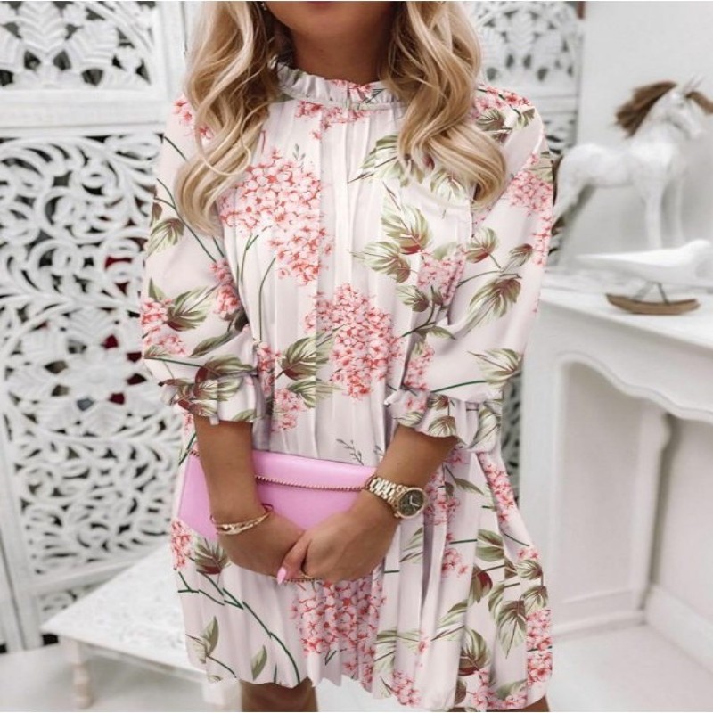 Women's Printed Pleated 34 Sleeve Pullover Dress