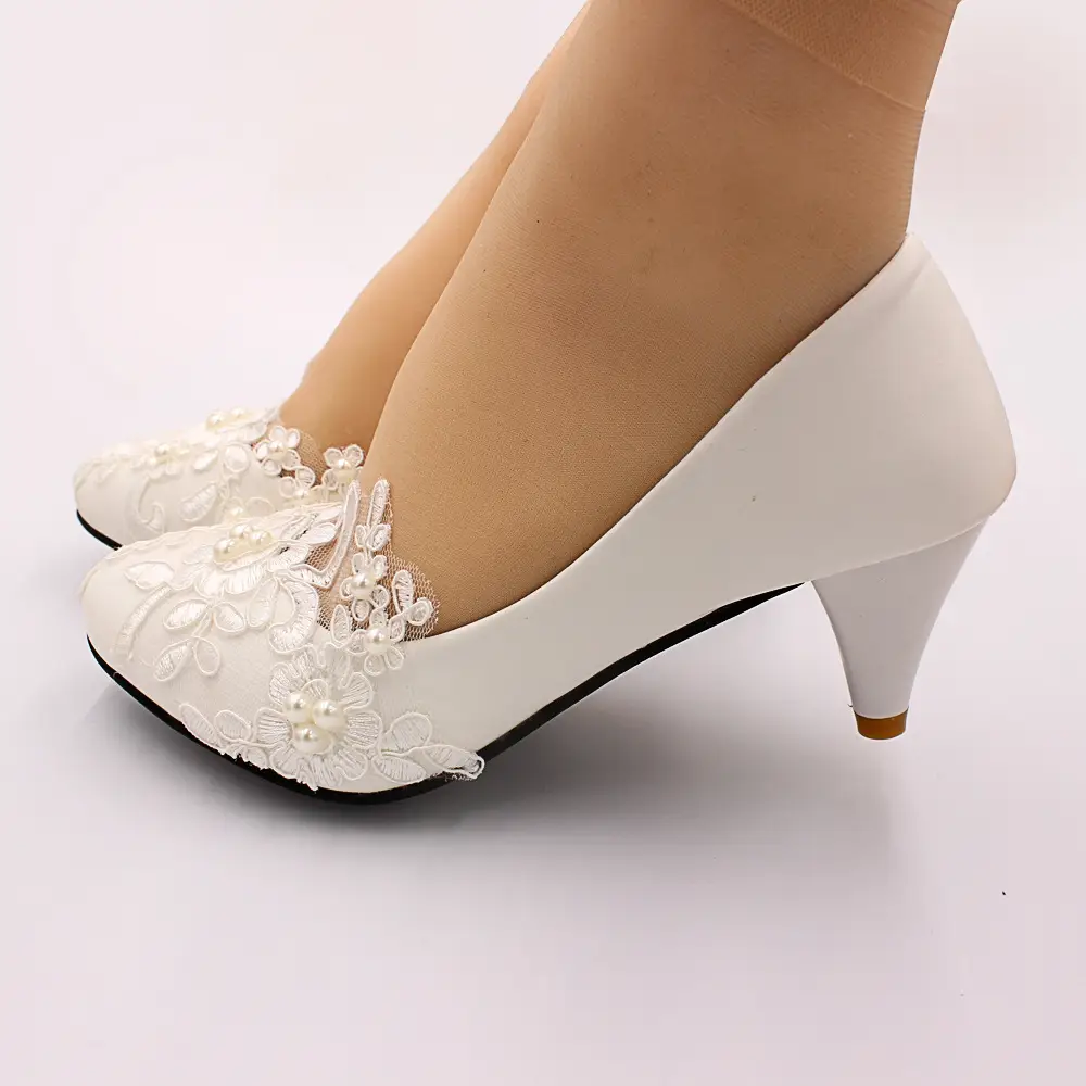 Women's Lace Wedding Shoes with Pearl Embellishments and Round Toe