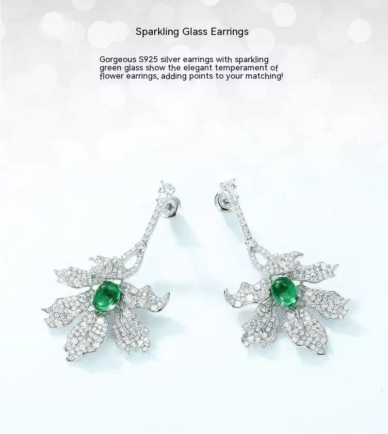 Green Leaf Earrings S925 Silver Full Inlaid White Zirconium Long Earrings