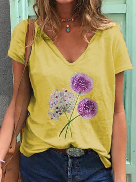 Dandelion Print Short sleeved V neck T shirt Yellow - Shop at LoveMi
