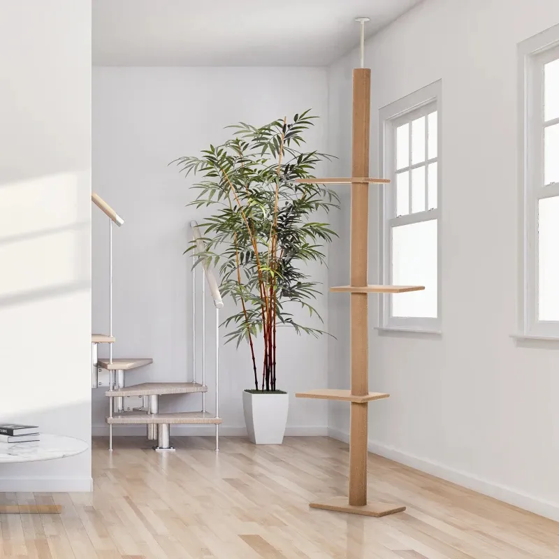 PawHut Floor-to-Ceiling Cat Tree Climbing Tower