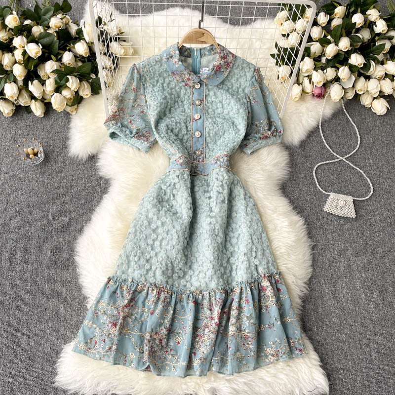 Embroidered Puff-Sleeve A-Line Dress