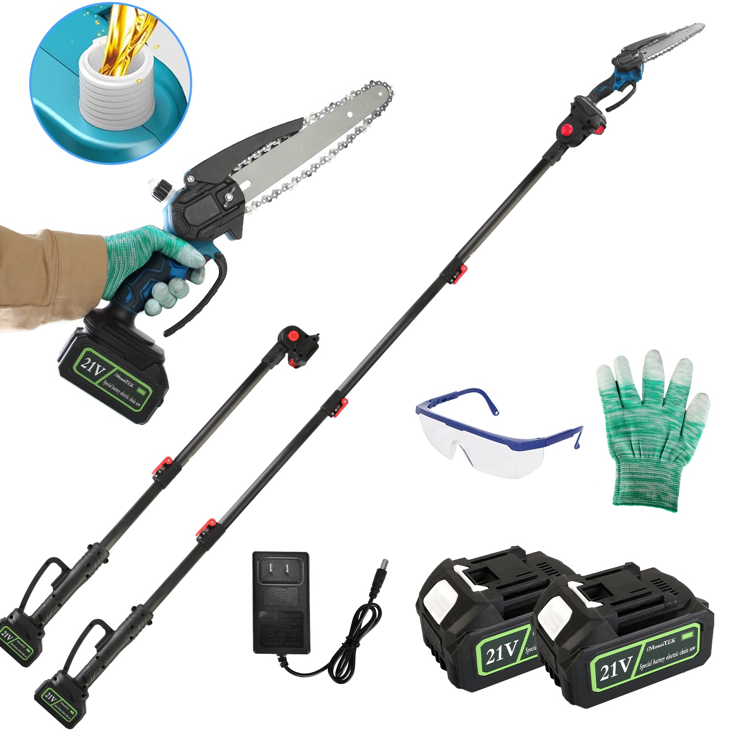1Pc 2 In 1 8in Cordless Electric Pole Saw And Mini Chainsaw With Extension Poles 2Pcs 21V 3.0Ah Batteries Adjustable Length Chain Saw With Auto Oiler Safety Switch For Wood Cutting - Image 1