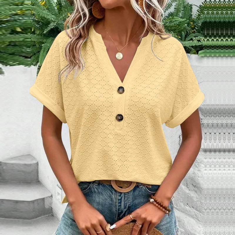Women's Casual V-Neck Blouse Short Sleeve Loose Fit Button Front Solid Color Top - Yellow