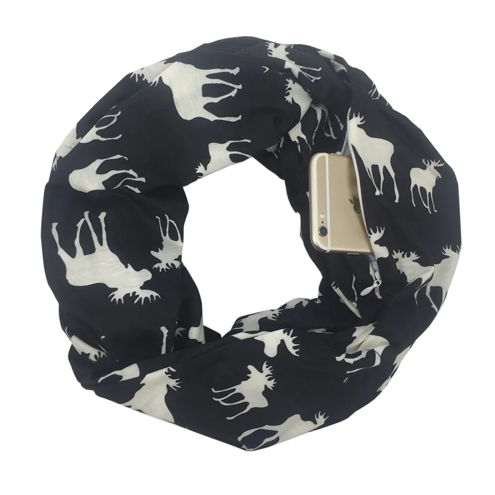 Christmas Themed Elk Print Zipper Pocket Scarf - Black