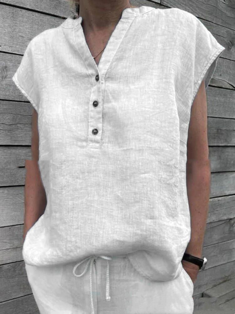 Vintage Patchwork Cotton Linen Shirt Ladies Casual V-Neck