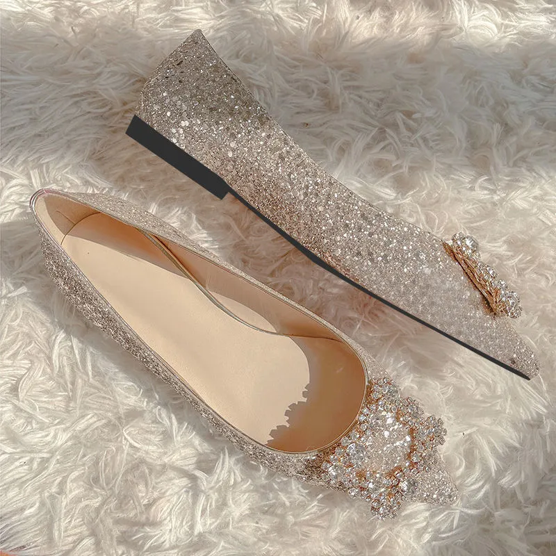 Women's Rhinestone Pearl Pointed Toe Flat Shoes - Champagne-41