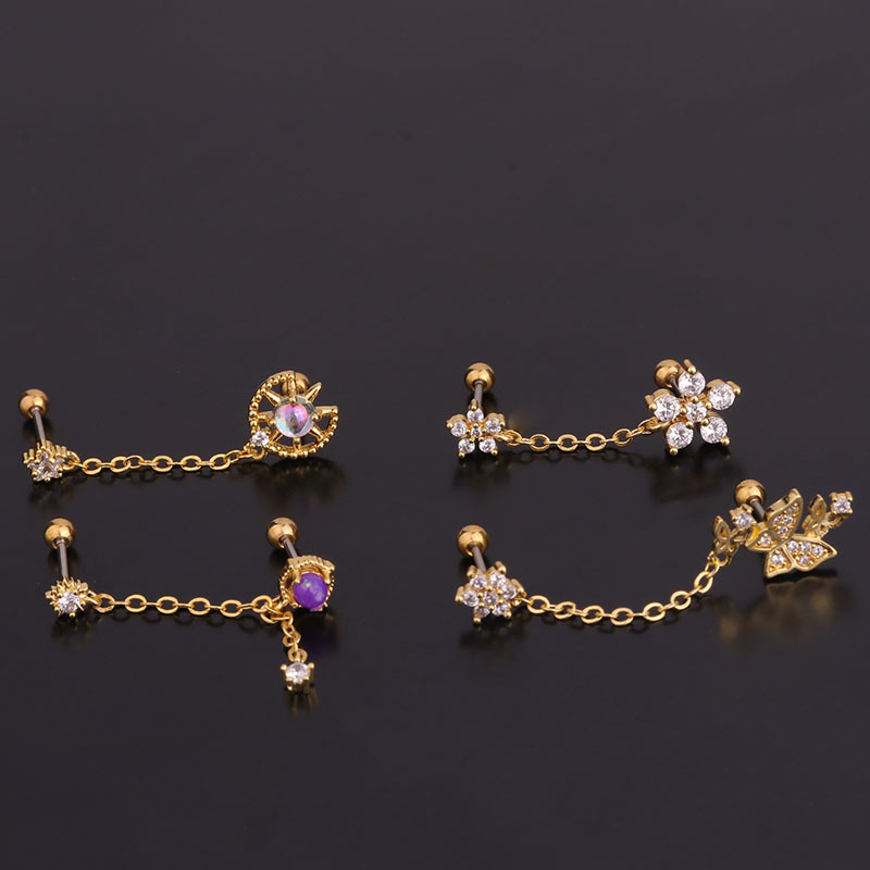 Creative Flower Zircon Double Pierced Earrings Female Stainless Steel