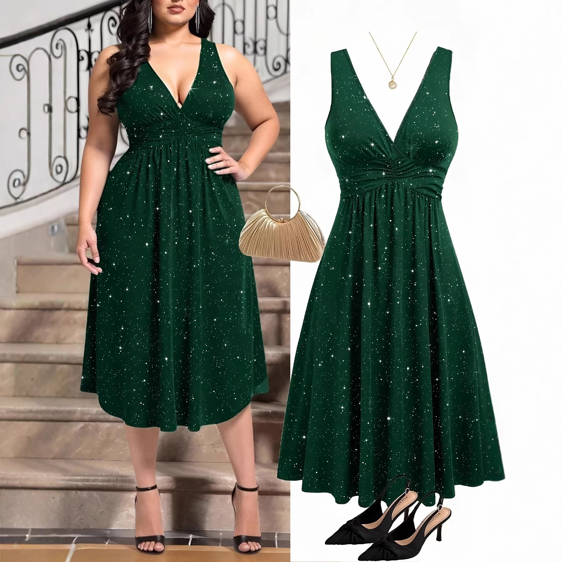 2026 New Large-Size Women's Elegant Solid Color V-Neck Waist Pleated Bohemian Knit Dress