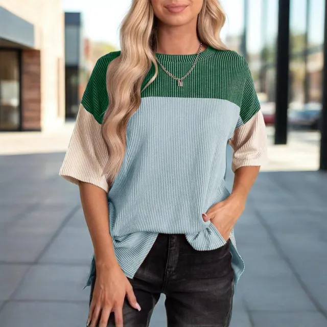 Women's Color Block Casual T Shirt Short Sleeve Crew Neck Loose T Shirt Top Green - Shop at LoveMi