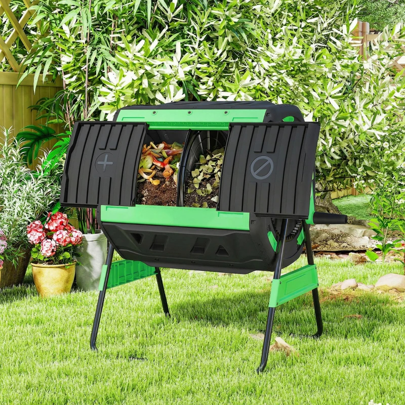 Compost Bin Outdoor, 53 Gal Dual Chamber Tumbling Composter With Adjustable Vents, BPA Free Tumbling Composter, Green