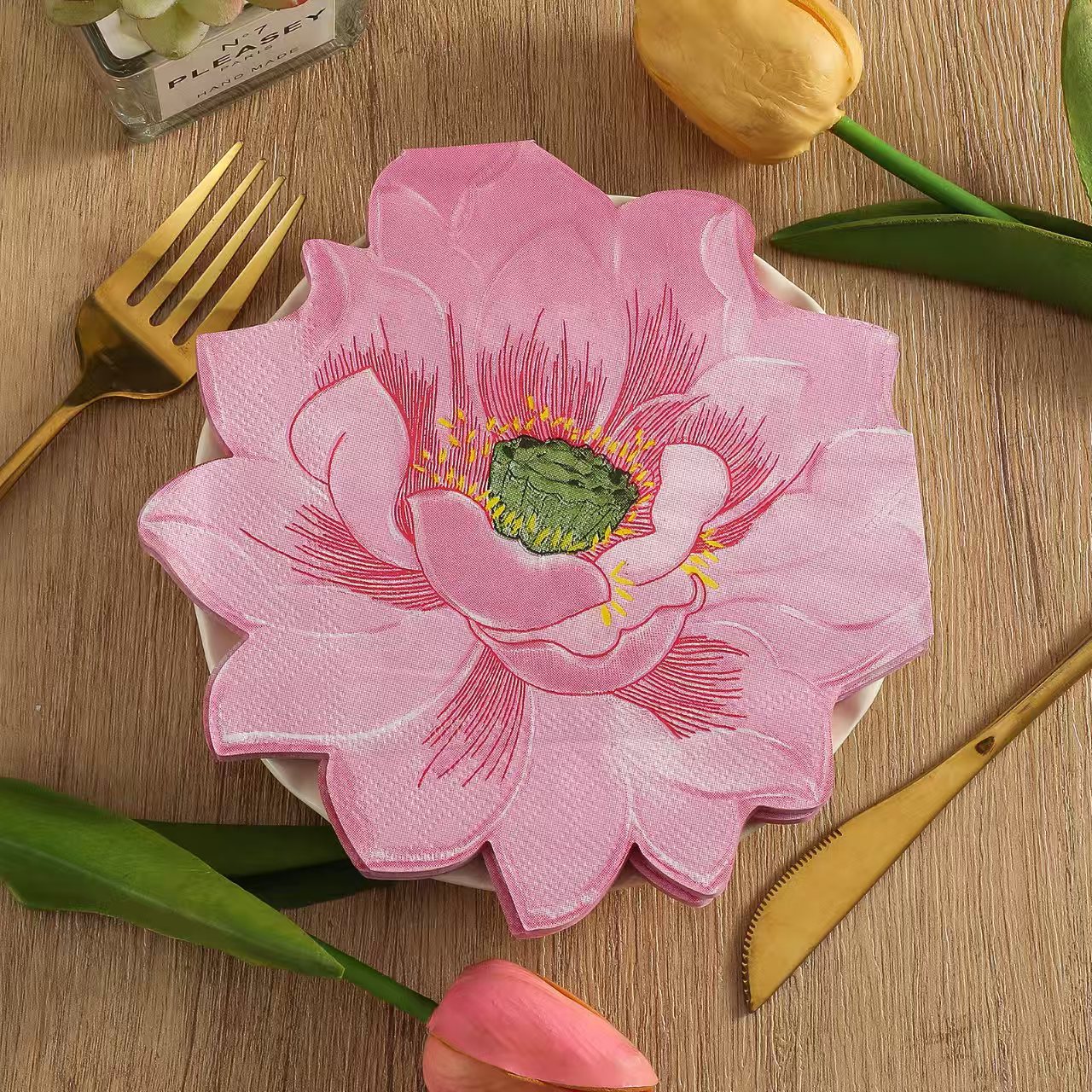 Custom Printed Scalloped Floral Paper Napkins, Unscented Disposable Table Napkins For Home, Hotel & Party product image