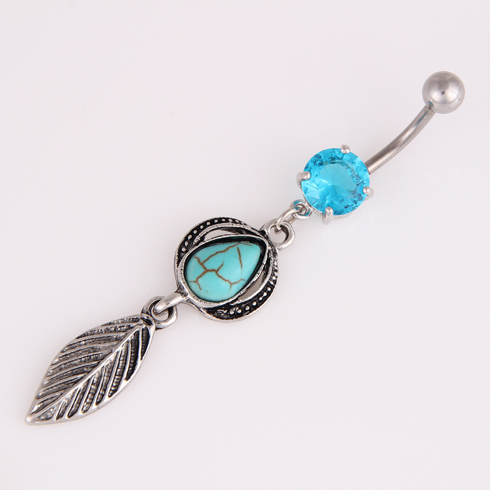 Title 5, Turquoise Water Drop Leaves Belly Button Ring S...