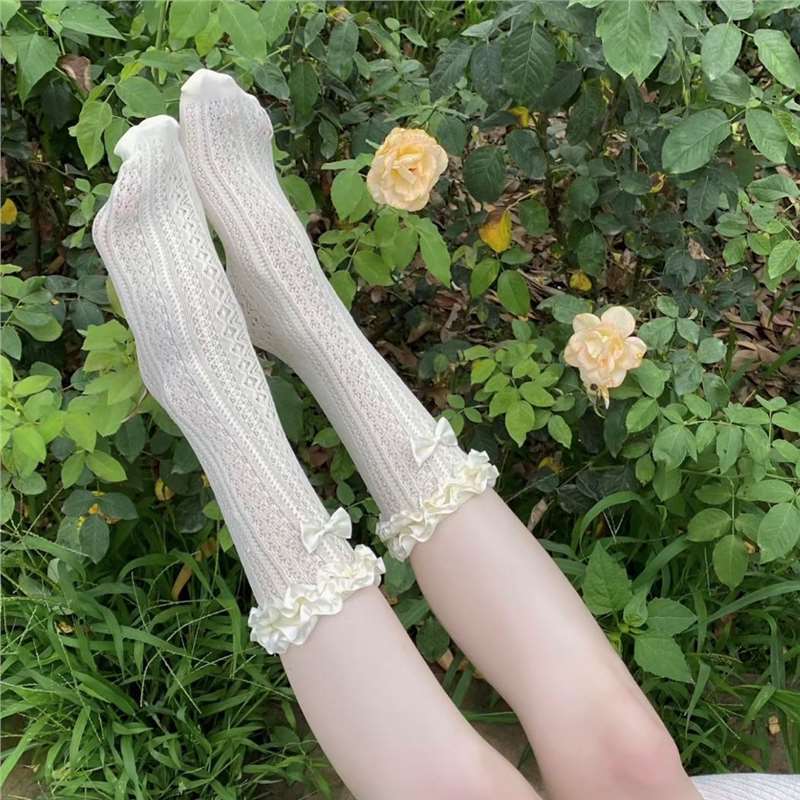 Women's Coquette Ruffle Trim Socks, White Lace Knit Mid-Calf Socks With Bow, Cute Hollow Out Crew Socks For Lolita & Balletcore Style