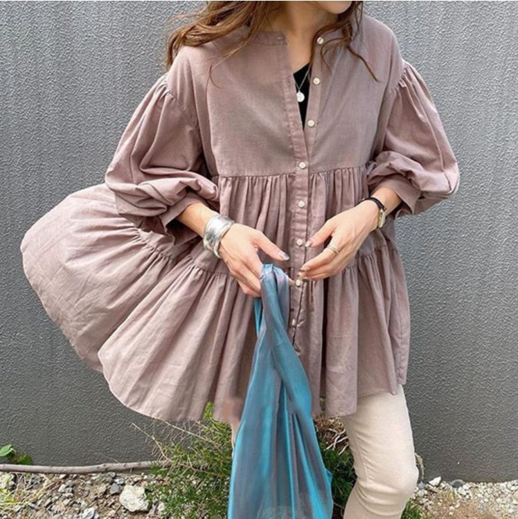New Style Loose Slimming Top Mid-Length Single-Breasted Solid Color Shirt