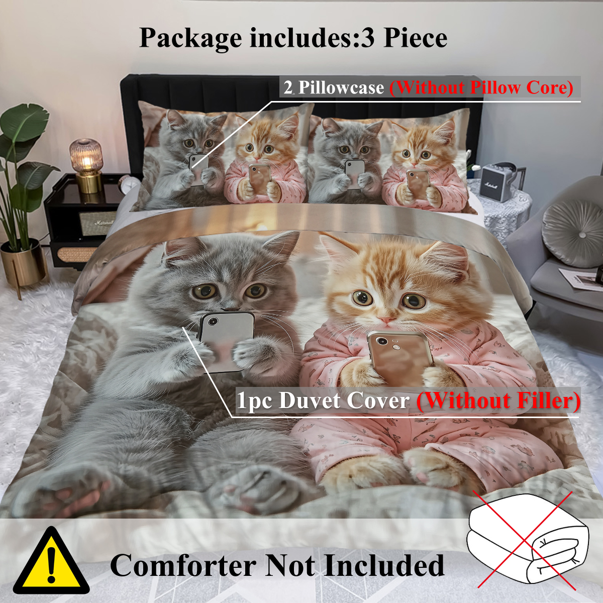 Cat Duvet Cover Set, Kawaii Pet Animal Cat Lover Comforter Cover Set, 3 Pieces, 1 Quilt Cover And 2 Pillowcases