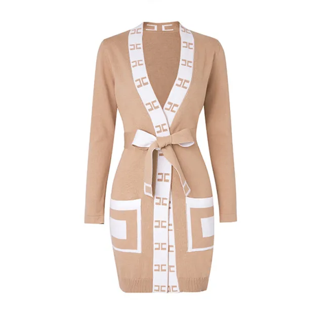 Autumn New Color Contrast Letter Lace up Cardigan Bathrobe type Knitted Dress Coat Khaki - Shop at LoveMi