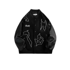Hot Drill Baseball Uniform Woolen Stitching PU Men's Jacket - Black - View 1