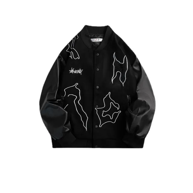 Hot Drill Baseball Uniform Woolen Stitching PU Men's Jacket Black - Shop at LoveMi