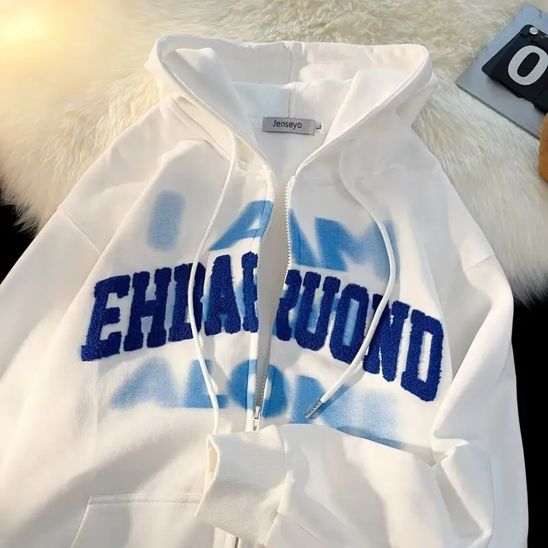 Sweater Solid Color American Graffiti Letters Towel Embroidery Cardigan Hoodie