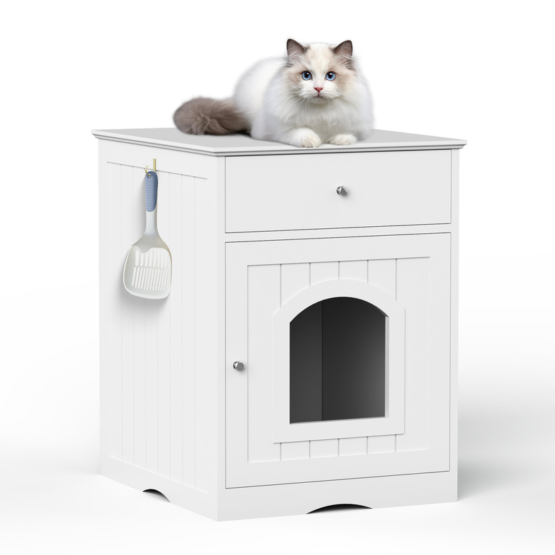 White Wooden Cat Litter Box Enclosure W Drawer & Side Table, Indoor Pet Crate Nightstand For Home — foto 4