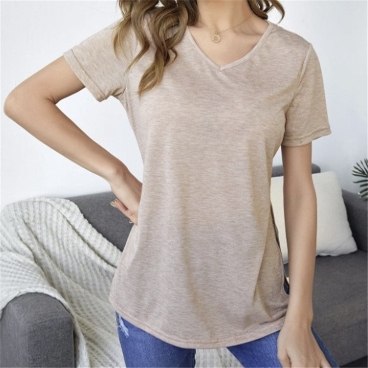 Title 2, V-neck Side Seam High Slit Casual Short Sleeves