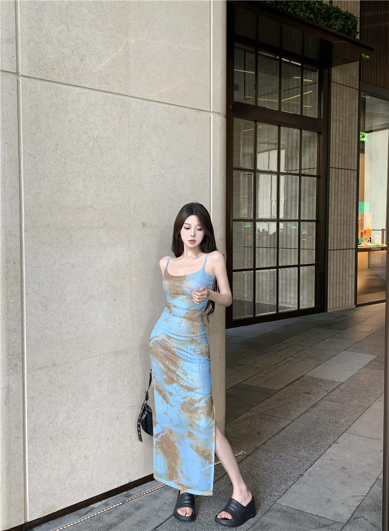 Women's Waist Tie Dye Suspender Dress